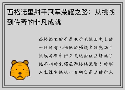 西格诺里射手冠军荣耀之路：从挑战到传奇的非凡成就
